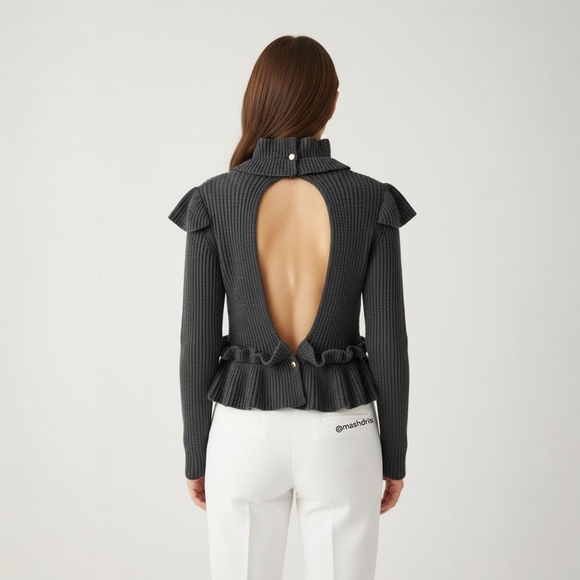 GANNI Recycled Wool-Blend Cutout Ruffle Ribbed Peplum Sweater – Open Back – S - Picture 3 of 13
